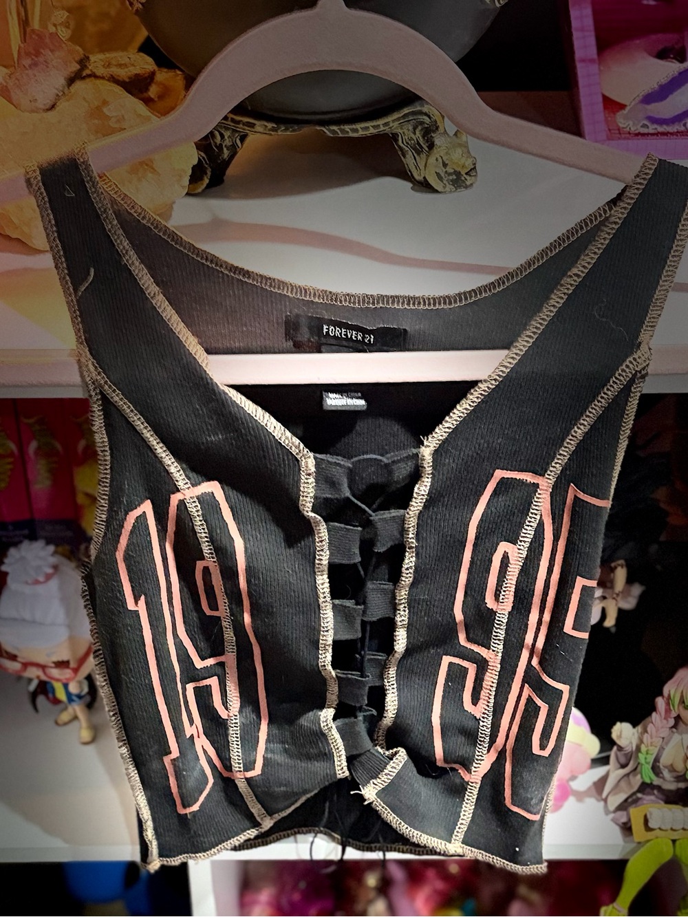 Forever 21 Black Ribbed Lace-Up Crop Top with Pink Graphic Numbers